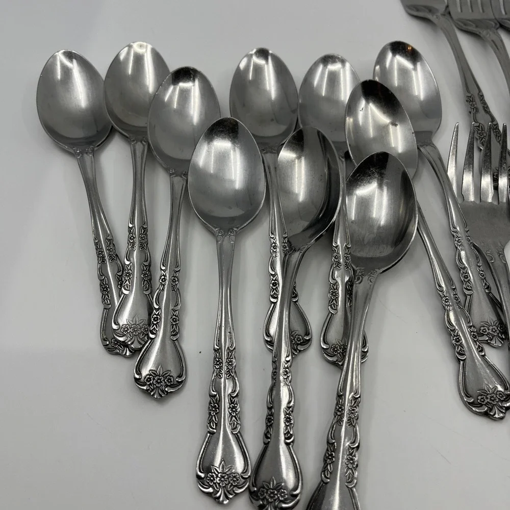 24 Rogers Rose Floral Glossy Stainless Flatware And Serving Spoon Fork Korea Vtg